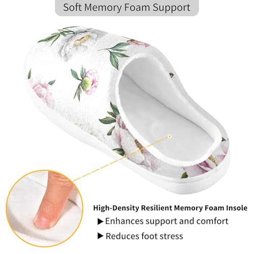 JUNZAN Unique Peonies White Womens House Cotton Slippers Closed Toe Memory Foam Ladies Slippers for Outdoor Funny Presents 6-72
