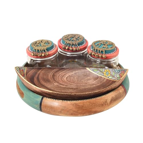 Image of AAKRITI ART CREATIONS Elegant Entertainers Serving & Snacking Set | Warli Art Wooden Tray with 3 Glass & Dhokra Jars | Glossy Multicolor Kitchen & Dining Table Decor