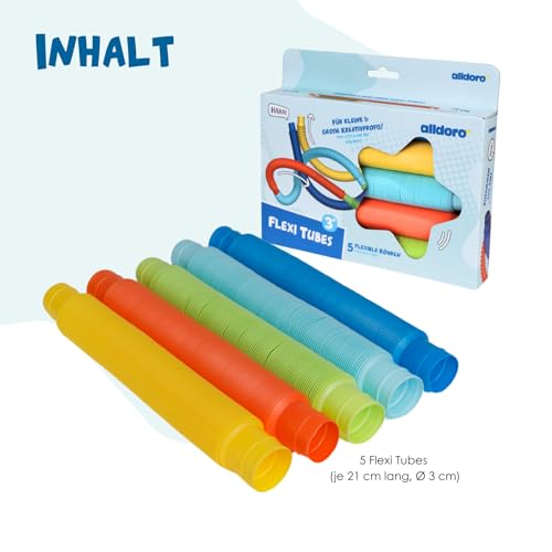 alldoro 60332 Flexi Pop Tubes, sensorisches Spielzeug, Röhren mit ausziehbarer Länge 21-73 cm, 3 cm Durchmesser, 5 Stück