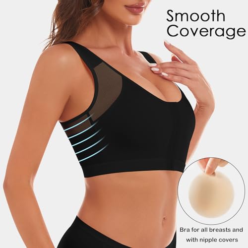 Women's Front Closure Posture Corrector Bra Wireless Back Support Bras for Women Comfy Unlined with Nipple Covers3