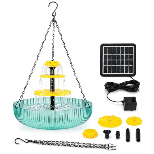 3-Tier Hanging Solar Bird Bath Fountain, Solar Pump Cascading Water Feeder with 16.4FT Cord, Large Bird Bowl for Hummingbirds Wild Birds, Outdoor Garden Patio Backyard Solar Powered Decor