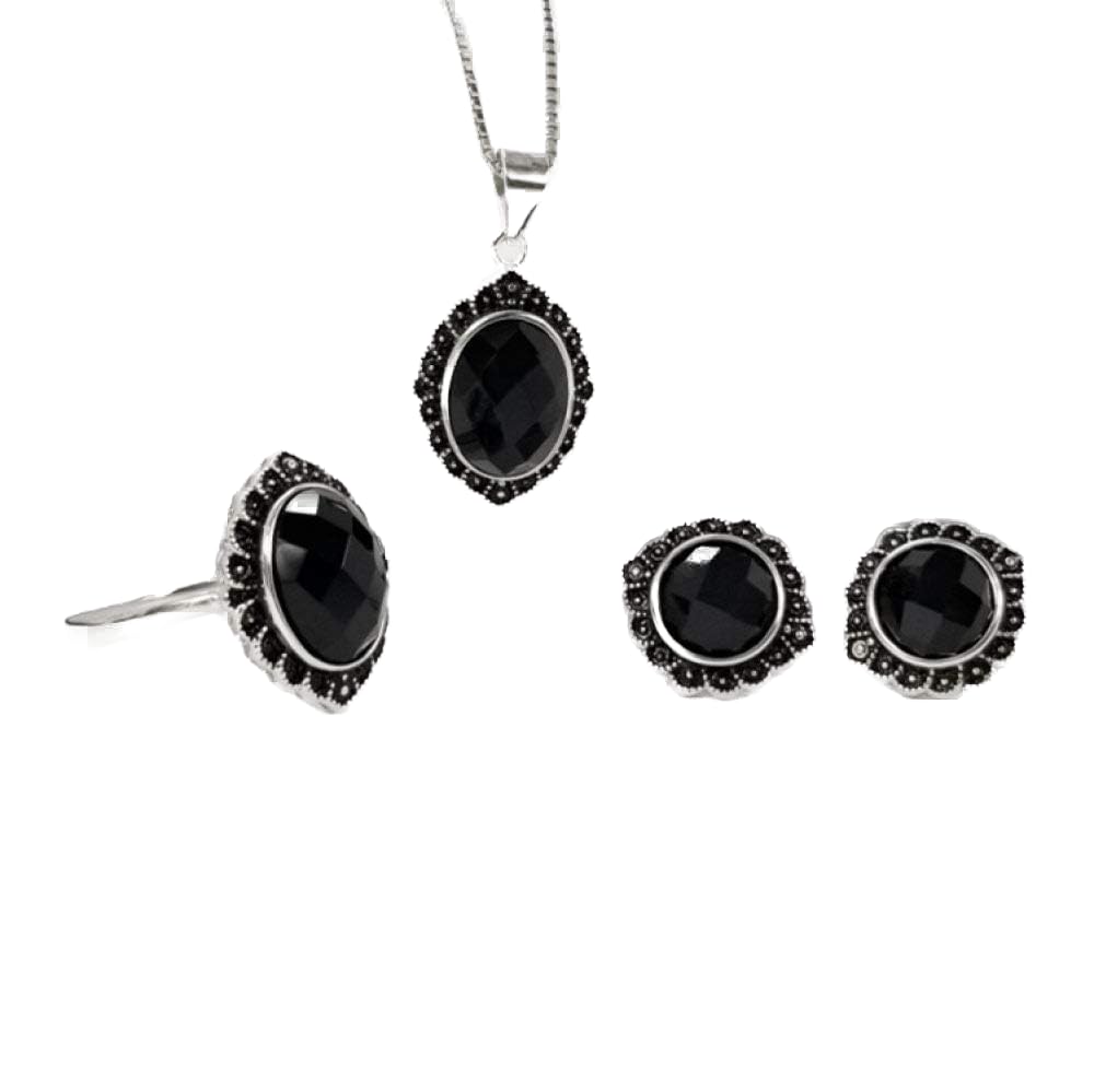 Moda S925 Sterling Silver Necklace Abertura Anillo Pendientes Joyería Conjunto De Mujeres Palace Flores Ágata Negra Retro Clásico Encanto Creativo Regalo De Alta Gama