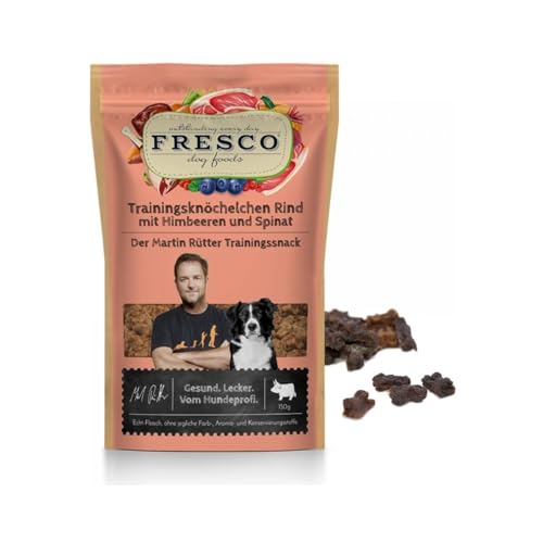 Fresco Martin Rütter Trainingsknöchelchen Rind mit Himbeeren und Spinat | 4er Pack | 4 x 150 g | Natürlicher Monoproteinsnack für Hunde | Getreidefreie Rezeptur