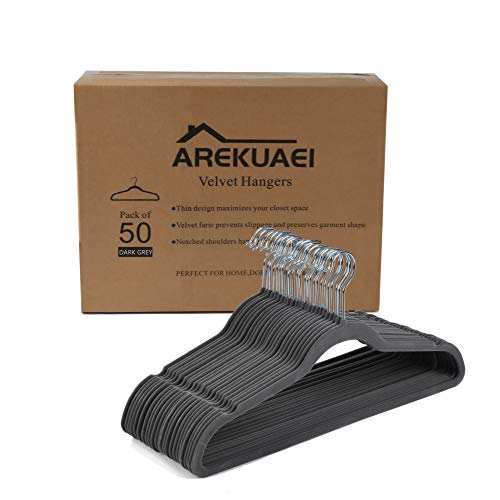 AREKUAEI Non-Slip Dark Grey Velvet Hangers - Suit Hangers 50-Pack Ultra Thin Space Saving 360 Degree Swivel Hook Strong and Durable Clothes Hangers  for Coats Jackets Pants Dress Clothes…