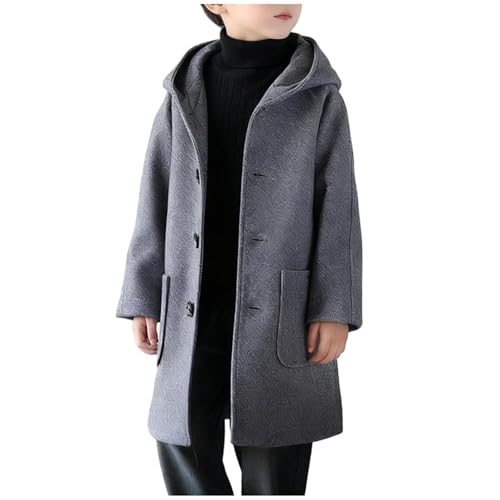 Slxbear Abrigos de invierno con capucha para niños, de mezcla de lana de un solo botonadura, abrigo cálido rompevientos con bolsillos, versátil ropa de abrigo de ocio para niños de 2 a 15 años, gris