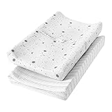 TILLYOU Changing Pad Cover Set, Jersey Knit Ultra Soft Unisex Diaper Change Table Sheets for Baby Boys Girls, Fit 32'/34''x16' Contoured Pad, Comfy Cozy 2-Pack Cradle Sheets, Little Sun & Gray Lines