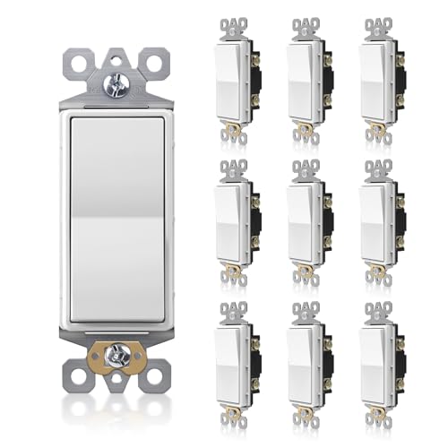 TOPELER 10 Pack Single Pole Decorator Light Switch, Decorative Paddle Rocker Switch Replacement, 15A 120/277V On/Off Interrupter, Self-Grounding, Residential/Commercial Grade, ETL Listed