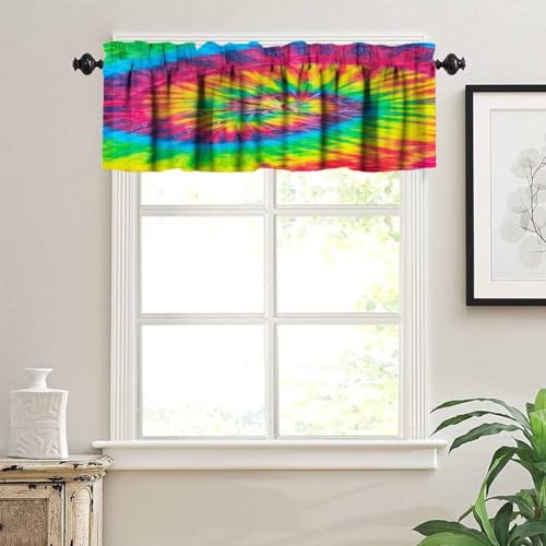 Image of Swirl Tie Dye Multicolor Window Valance Curtain,Retro Spiral Hippie Style Chic Watercolor Window Valances Treatments for Kitchen Living Room Cafe Decor 54'x18', 1 Panel