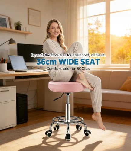 Image of Adjustable Rolling Stool with Wheels 500lb,Thick 9.5cm Cushion,30-Second Assembly,Heavy Duty Round Rolling Stool with Footrest,Patent Leather for Drafting Stool Chair Work Spa Salon Seat（Pink）