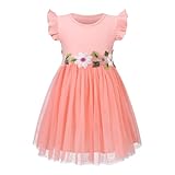 HILEELANG Little Flower Girls Flutter Sleeve Easter Party Dress Peach Pink Tulle Tutu Ribbed Cotton Birthday Wedding Princess Dresses 7 Years