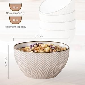 Ceramic Cereal Bowls Set 26 Oz Embossed Soup Bowl 6 Inch Stoneware Kitchen Bowl for Oatmeal Salad Dessert Rice Microwave Dishwasher Oven Safe Set of 4 White