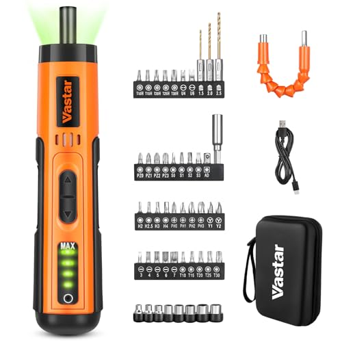 Vastar 4,2 V Destornillador Eléctrico, 4 Ajustes de Torsión con batería de 2000mAh, destornillador eléctrico magnético (con 49 piezas de accesorios, luz LED, estuche)