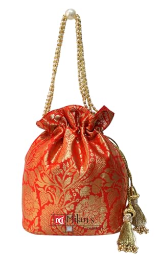 Image of MILAN'S CREATION Banarasi Silk Brocade Potli Bag Purse With Base Drawstring Women's handbag with Pearl Handle & Tassel Weddings