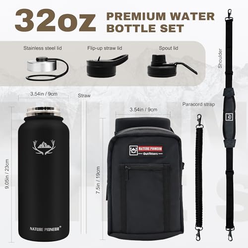 Image of NATURE PIONEOR 32 oz Insulated Water Bottle with Carrier Bag & 3 Lids