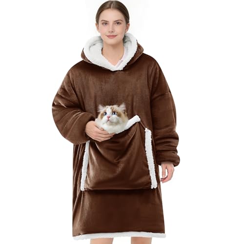 JOYWOO Brown Wearable Blanket Hoodie Oversized Cat Lovers Sweatshirt Blanket for Adult & Teens Birthday Gifts for Women Men Mom Girl Boys Cozy Fuzzy Sherpa Sweatshirt Blanket Giant Pocket Gifts Small