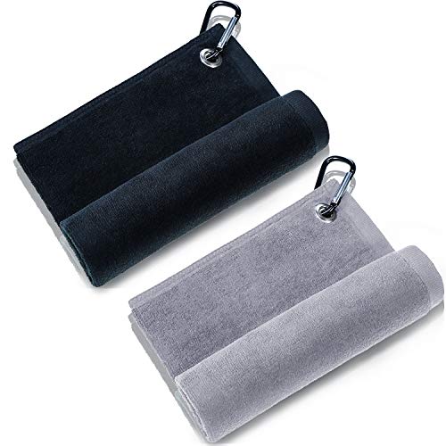 Tatuo 2 Stücke Mikrofaser Golf Handtuch Golf Reinigung Tuch mit Klammer für Golf Yoga Camping Fitnessstudio (Schwarz, Grau, 16x 13)