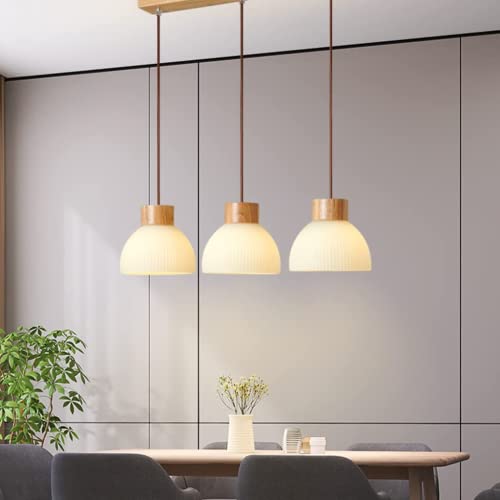 Suspension en bois E27 avec 3 têtes en verre et hauteur réglable