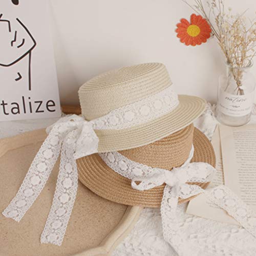 Fisherman Hat Toddler Kids Woven Straw for Sun Hat with Lace Ribbon Bow Floppy Sunscreen Beach Beige4