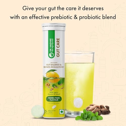 Image of Dr. Vaidya's Gut Care Effervescent Tablets | Helps reduce bloating & acidity, improves digestion, promotes gut health & regulates Bowel movement | Jeera, Ajwain, Saunf | Prebiotic & Probiotic Blend with healthy gut microbiome 15 Tablets (Pack of 4)
