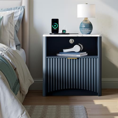 Image of Evermagin Fluted Nightstand Set of 2 with Charging Station, Navy Blue Bedside Table with Drawer and Storage, Wood End Table Mid Century Modern, Large Night Stand for Bedroom