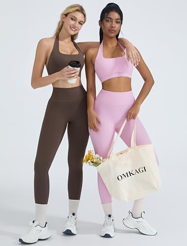 OMKAGI 2 Piece Workout Sets for Women Halter Sports Bras Gym Sets Booty Leggings Outfits - Image 3