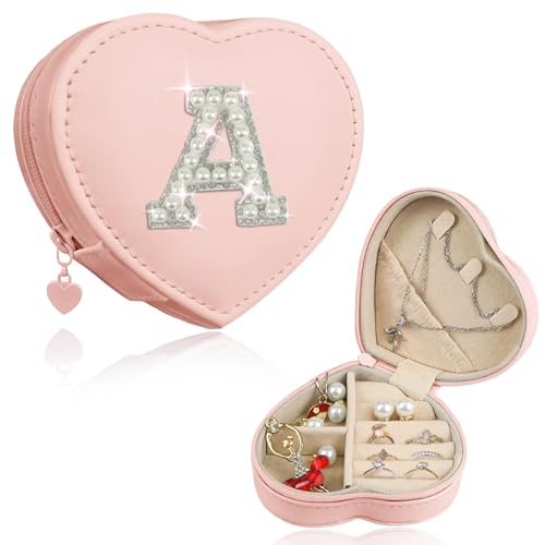 Aganmi Pearl Initial Travel Jewelry Case Cute 4 5 6 7 8 9 10 11 12 13 Year Old Girl Birthday Gifts Heart Shaped Jewelry Organizer Box Christmas Trendy Gift for Daughter Sister Women Teen Girl Pink A