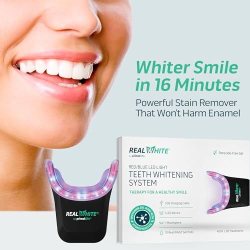 Image of Primal Life Organics V4 Real White Red /Blue LED Light Teeth Whitening System - Includes 20 Treatments