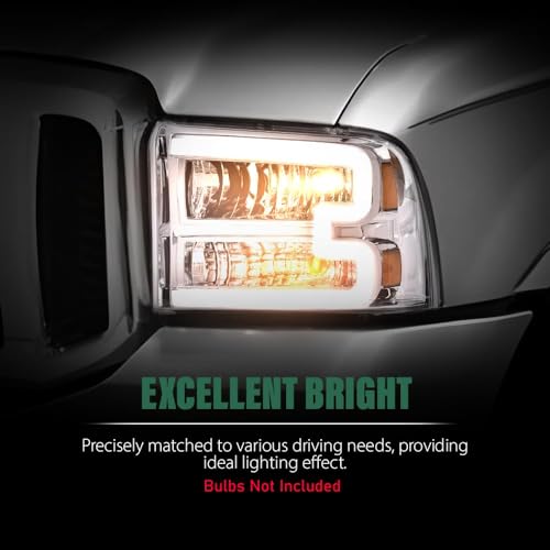 Image of GRAND ORANGE LED DRL Headlight Assembly Compatible with Ford Excursion 2005, Fit Ford F250 F350 F450 F550 Super Duty 2005-2007 FO2502217 HeadLamps LH & RH Clear lens Chrome Housing White Reflector