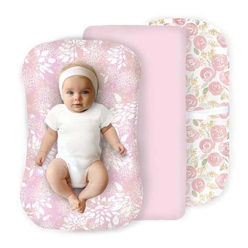 Image of 100% Organic Cotton Baby Lounger or Changing Pad Covers with Reenforced Safety Strap Holes. Fits Evolur, Munchkin, Delta, Snuggle Me and More. Multi-Use, 3 Pk of Covers Only.(Roses, Mums and Pink)