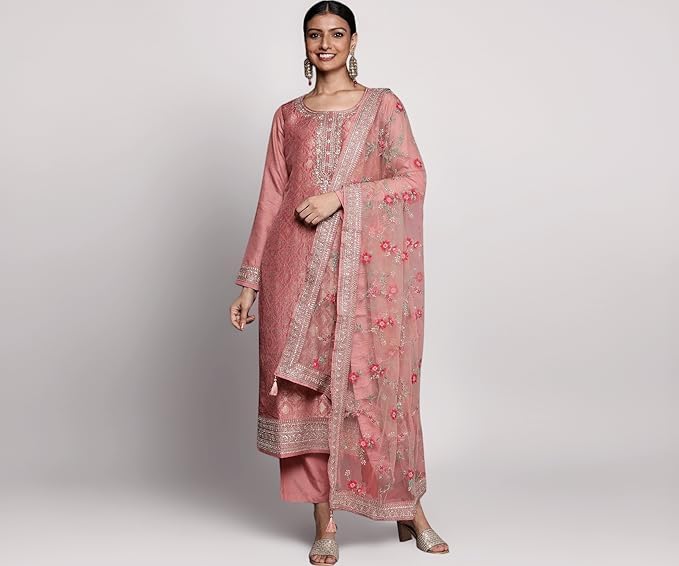 Image of Libas Woven Design Silk Blend Straight Kurta With Trouser and Dupatta