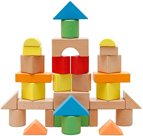 Large Wooden Building Blocks Set Wooden Blocks Construction Building Toys Stacking Bricks Board Games Educational Montessori Toy for Toddlers 32 Blocks in 7 Colors and 9 Shapes with Carrying Bag