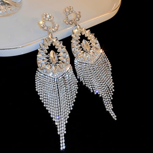 Octwine Vintage Teardrop Rhinestone Earrings for Women - Dangling Stud Chandelier Statement Tassel Silver Sparkly Drop Crystal Long Dangle Costume Jewelry4