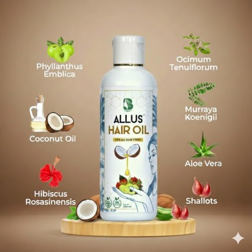 Image of Allus Hair Oil - Natural Hair Growth Oil for Men & Women | Reduces Hair Fall & Dandruff | Promotes Thick, Long Hair | Herbal Formula | Coconut Oil 200 ml