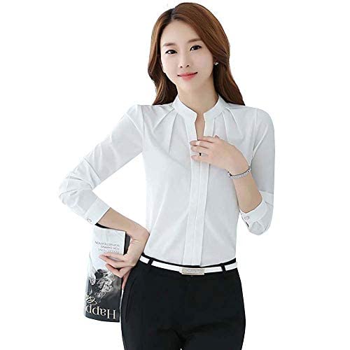 Image of Alaine Women Blouse Long Sleeve Office Lady Shirt Women Tops (White, X-Large)