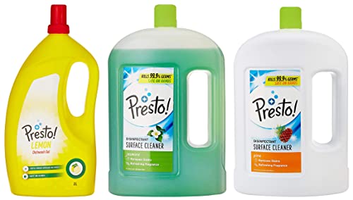 Image of Amazon Brand - Presto! Dish Wash Gel - 2 L (Lemon) & Presto! Disinfectant Surface /Floor Cleaner - 2 L (Jasmine) & Digitek Studio Background Portable and Foldable Stand Kit with Bag DBSK-009FT