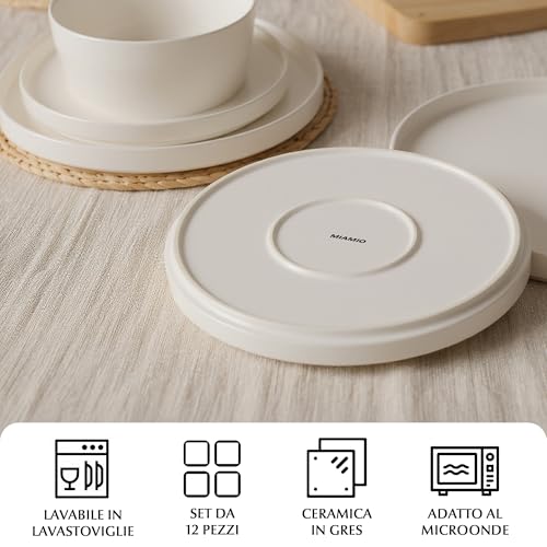 MIAMIO - Servizio di stoviglie per 4 / Set di 12 pezzi in gres moderno/Stoviglie β Lavabili in lavastoviglie e adatte al microonde β Collezione Luxe (Bianco, Set di stoviglie (12x)) - immagine 6
