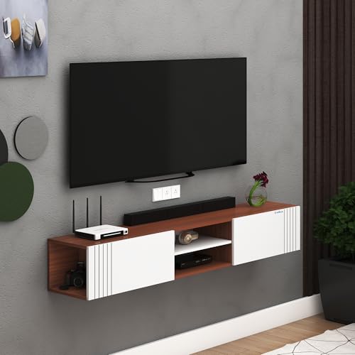 Image of Anikaa Nimbus Wall Mount TV Unit Cabinet | Modern Entertainment Center with Storage, Drawers, Shelves & Soft-Close Doors | Stylish Floating TV Stand for Up to 50 inch TVs - Walnut /White (DIY Installation)