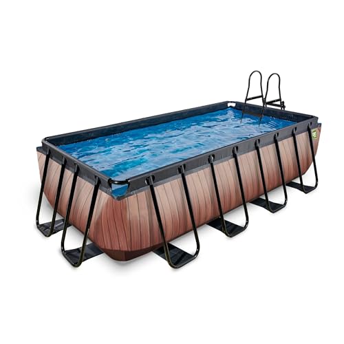 EXIT Toys Wood Pool - 400x200x100cm - Piscina de Marco Rectangular Grande con Bomba de Filtro de Cartucho - Piscina Extra Profunda - Marco Robusto - Incluye Escalera de Piscina - Diseño Único - Marrón