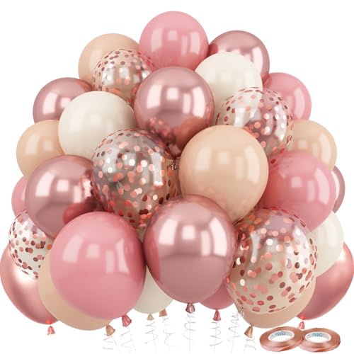 Globos de cumpleaños rosa y beige, 60 unidades, retro, rosa, crema, oro rosa, confeti, colores pastel, albaricoque, globos para bodas, cumpleaños, decoración para niñas, baby shower