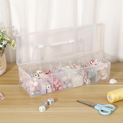 Image of JUXYES Pack of 2 Clear Plastic Storage Bin with Lid and Handle, Portable Storage Box with 7 Compartments, Semi-Transparent Organizer Box for Embroidery and Sewing Threads, Crafts, Fly Tying Chenille