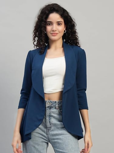 Image of Cotton Blend Women's Single Breasted Relaxed Fit Shawl Collar 3 /4 Sleeve Blazer