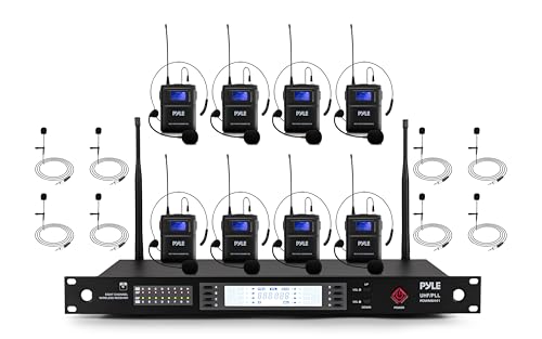 Pyle 8 Channel UHF Wireless Conference Microphone System with 8 Lavalier & 8 Headset Mics, 300 Ft Range, Rack Mount Receiver & 100 Selectable Frequencies for Meetings & Events