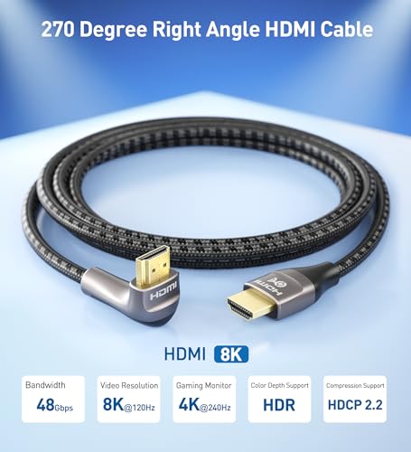 Cable Matters 48Gbps Ultra HD 8K Right Angle HDMI Cable 6.6 ft (270 Degree HDMI Cable) with 8K @120Hz, 4K @240Hz and HDR Support in Black