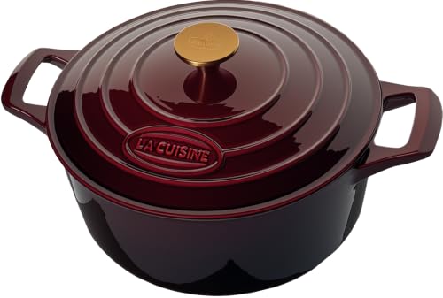 Image of La Cuisine Enameled Cast Iron Dutch Oven Casserole Pot with Golden handle for Lid, Internal Matte Black Enamel Coating, 6.5 QT 11 inch / 28cm O, Oven-Safe 550F /276C, Cranberry