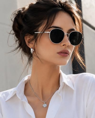 Image of Women's Round Sunglasses, Silver Metal Frame, Black Lens, Retro Style-UV Protected-Pack of 1