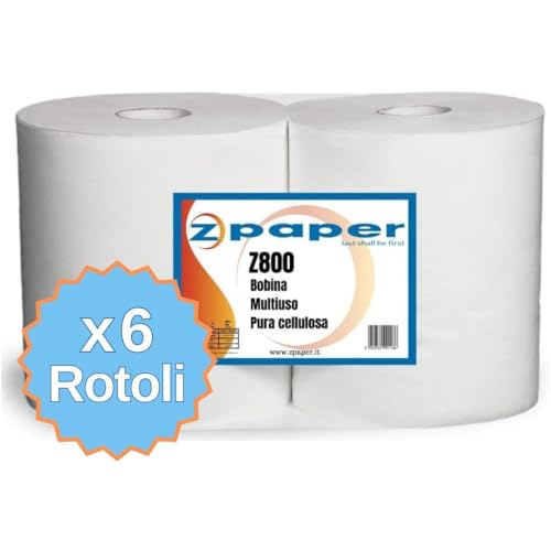 ZPAPER - 6 Rotoloni Asciugatutto Multiuso - Carta Pura Cellulosa, 2 Veli. Bobina carta per uffici, studi professionali. Uso anche domestico e alimentare.