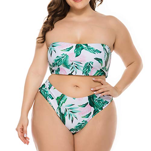Yii ouneey Women Plus Size Swimwear Two Piece Snake Print Swimsuits High Cut Bandeau Bikini Sets Ladies Bathing Suit (XL, Green Print)