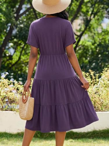 Image of PerZeal Women's Casual Tiered Midi Dress with Pockets - V Neck Short Sleeve Elastic Waist Ruffle Summer Dress for Daily Wear