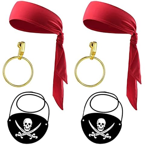 Ailesiy 6 Pieces Pirate Costume Accessories, 2 Pirate Bandana 2 Pirate Eye Patches 2 Gold Earrings, Pirates Costume For Caribbean Party Halloween Carnival Masquerade Cosplay Dress (Red) Cover