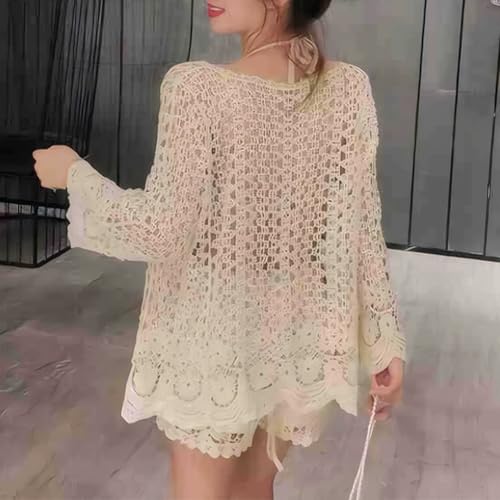 Summer Cardigan for Women, Long Sleeve Crochet Hollow Cardigan, Loose Lightweight Womens Summer Cardigan, Boho Knitted Kimono(One Size) Creamy White2